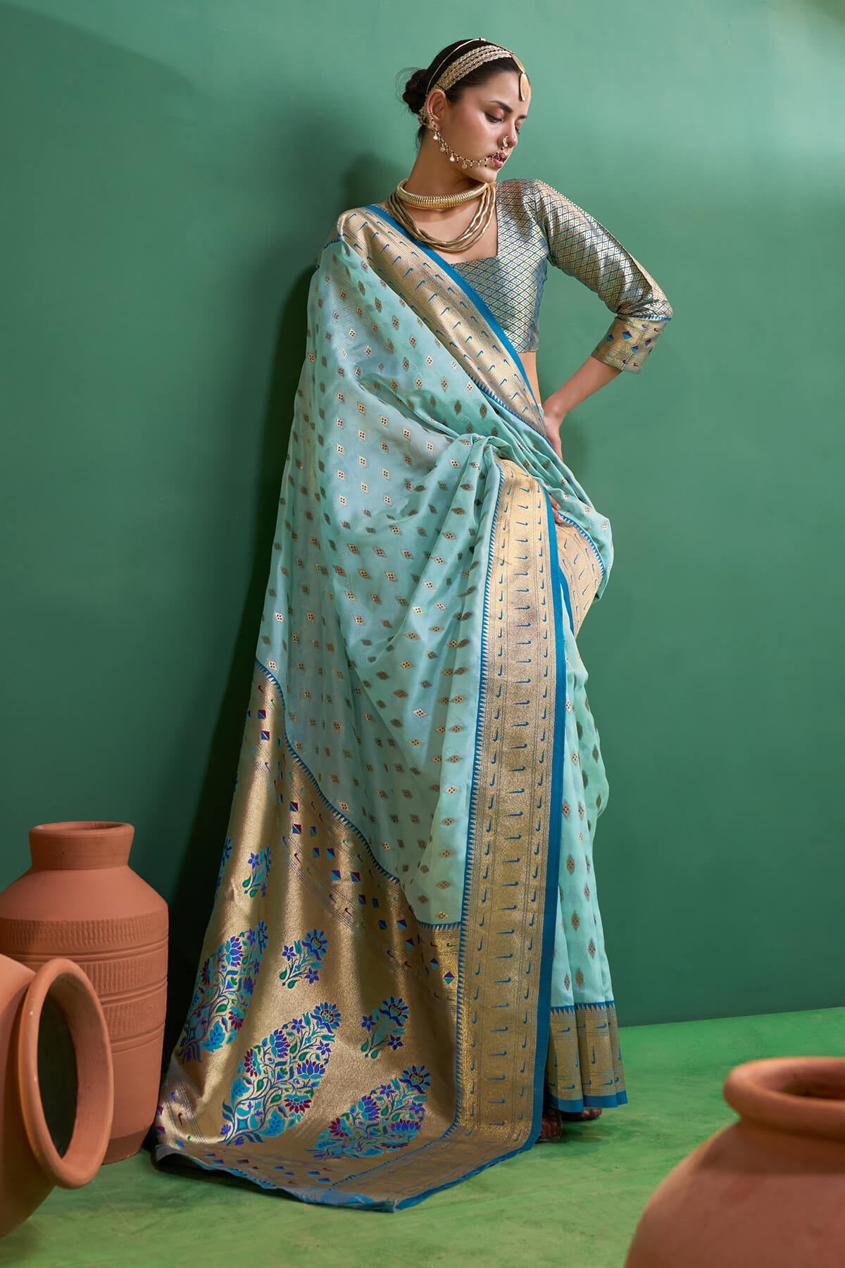 Radiant Sky Organza Paithani Silk Saree With Inspiring Blouse Piece