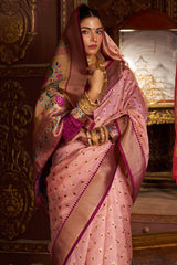 Stylish Baby Pink Organza Paithani Silk Saree With Piquant Blouse Piece