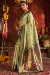 Excellent Pista Organza Paithani Silk Saree With Exceptional Blouse Piece