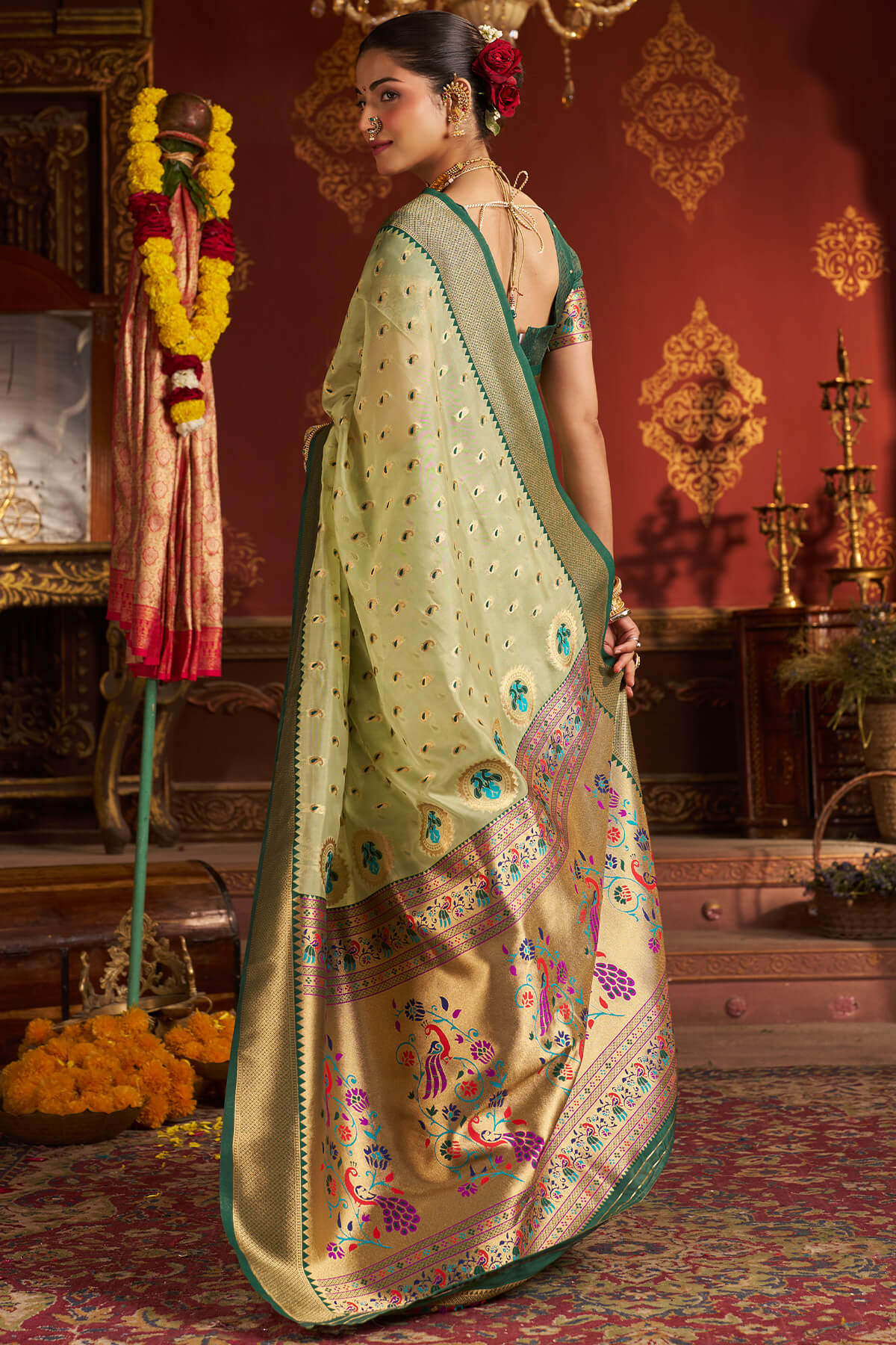 Excellent Pista Organza Paithani Silk Saree With Exceptional Blouse Piece