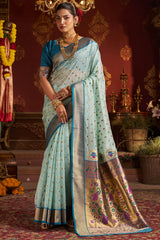 Invaluable Sky Organza Paithani Silk Saree With Chatoyant Blouse Piece
