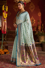 Invaluable Sky Organza Paithani Silk Saree With Chatoyant Blouse Piece