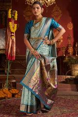 Invaluable Sky Organza Paithani Silk Saree With Chatoyant Blouse Piece