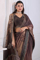 Snazzy Brown Jarkan Work Fandy Silk Saree