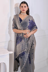 Beautiful Blue Jarkan Work Fandy Silk Saree