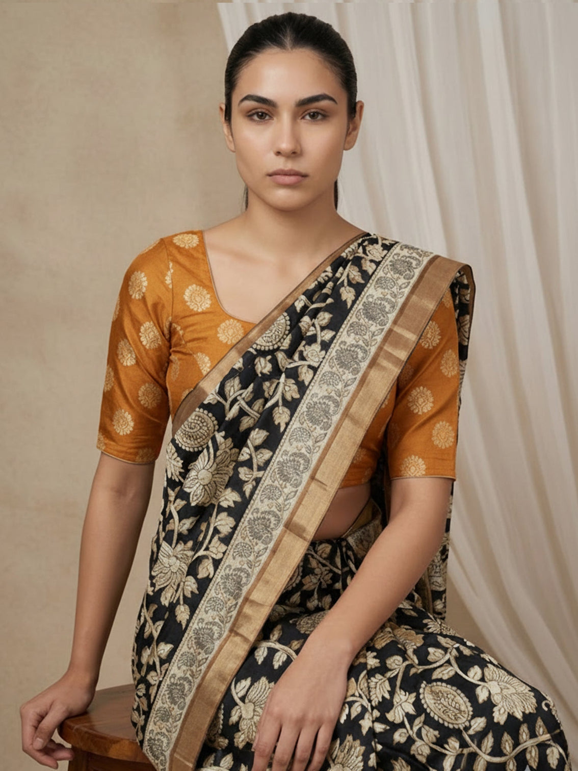 Tussar silk kalamkari saree with peacock printed pallu