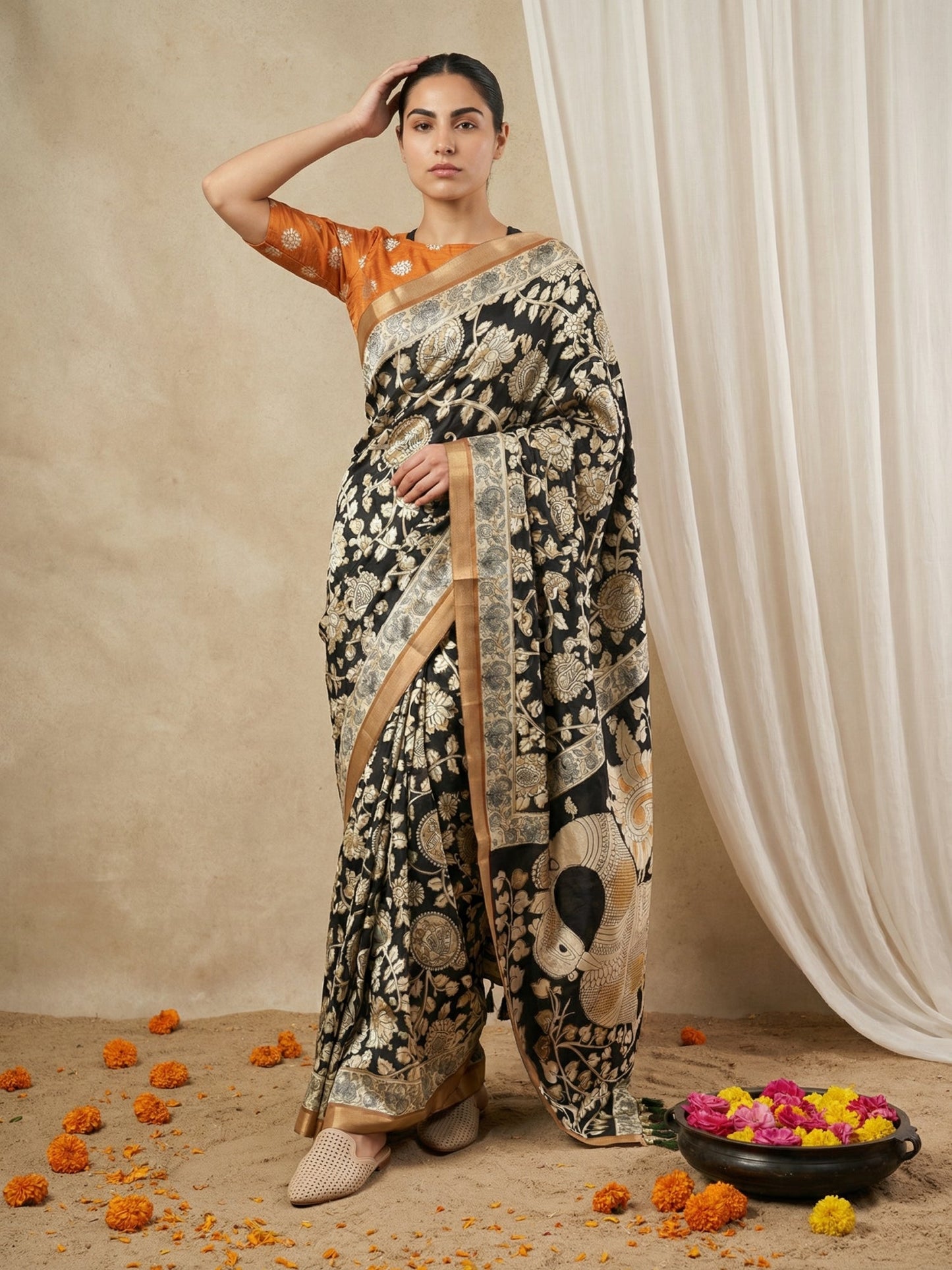 Leelawati Tussar Silk Kalamkari Printed Saree with Zari Border and Peacock Pallu
