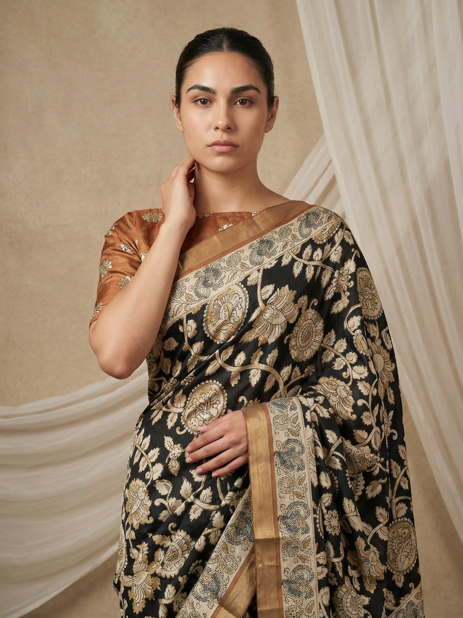 Leelawati Tussar Silk Kalamkari Printed Saree with Zari Border and Peacock Pallu