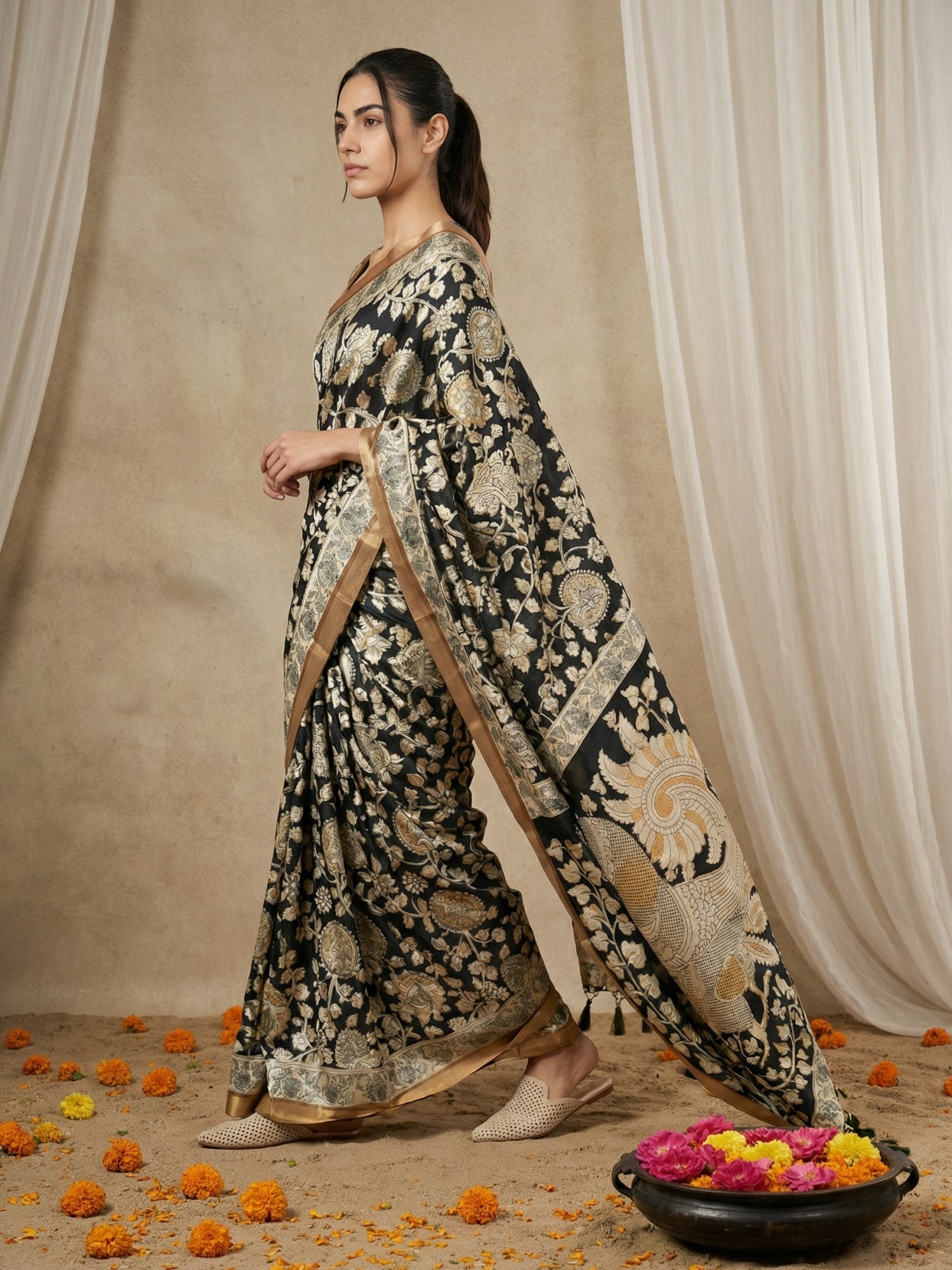 Leelawati Tussar Silk Kalamkari Printed Saree with Zari Border and Peacock Pallu