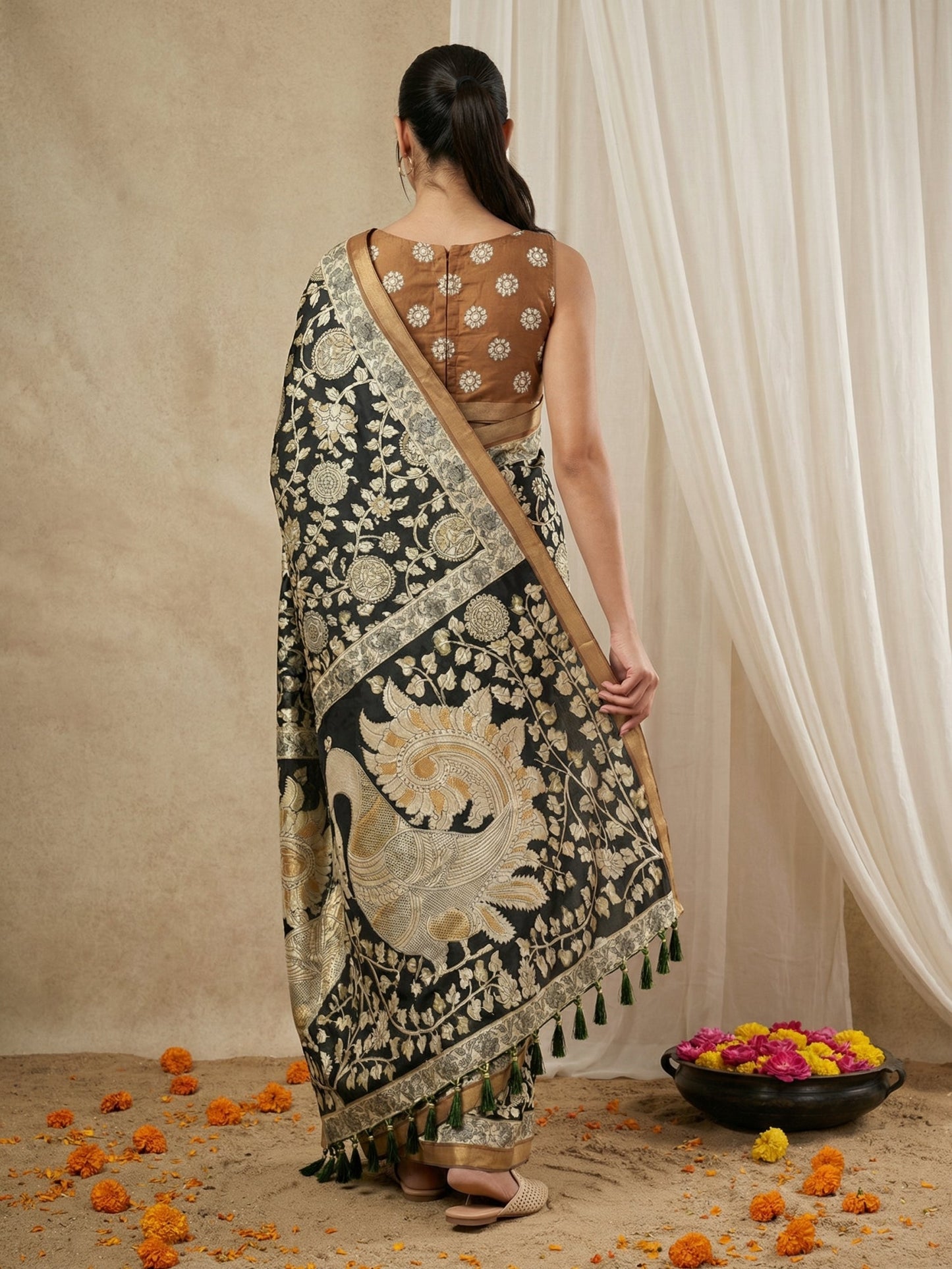 Leelawati Tussar Silk Kalamkari Printed Saree with Zari Border and Peacock Pallu