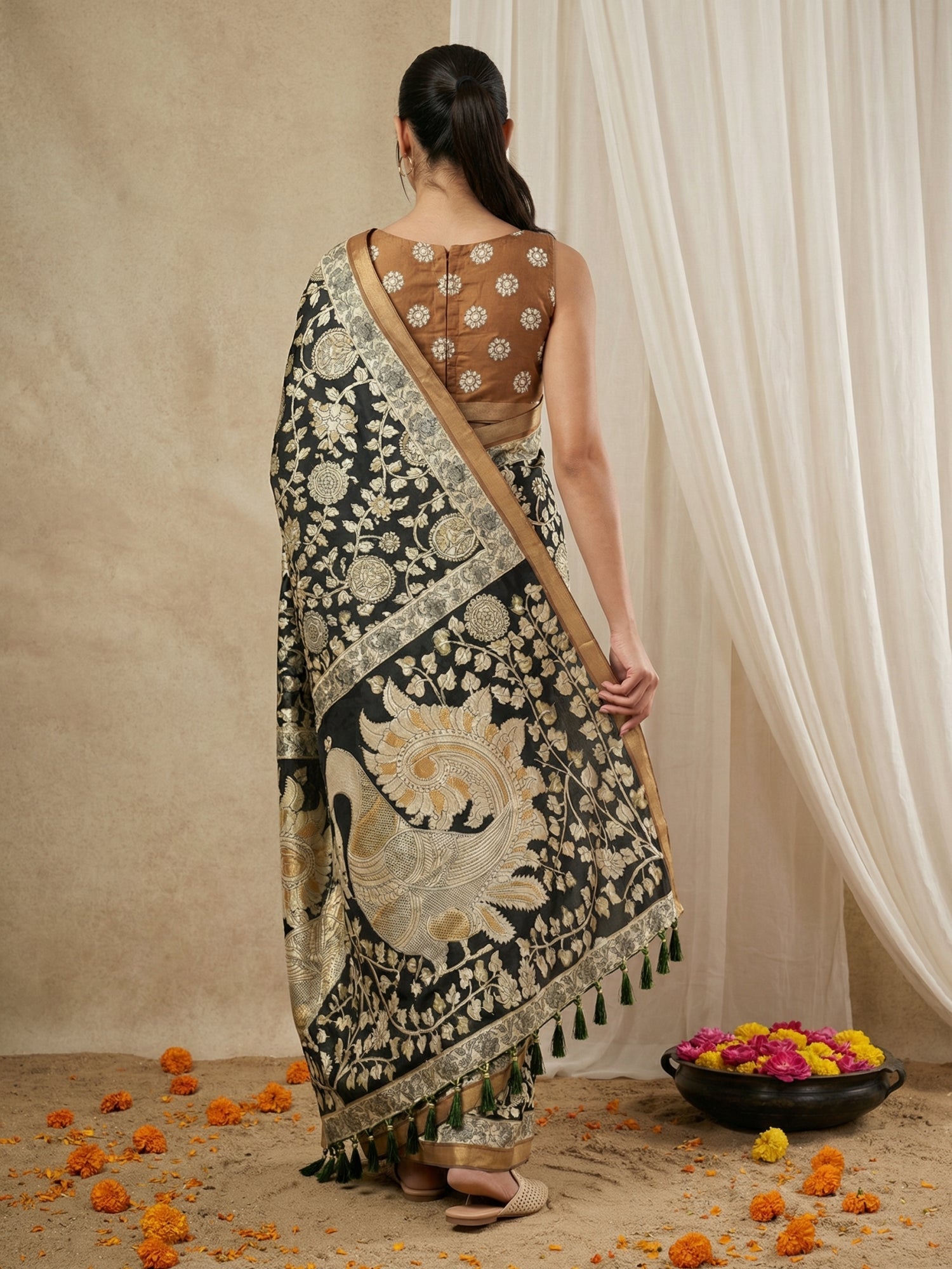 Leelawati Tussar Silk Kalamkari Printed Saree with Zari Border and Peacock Pallu