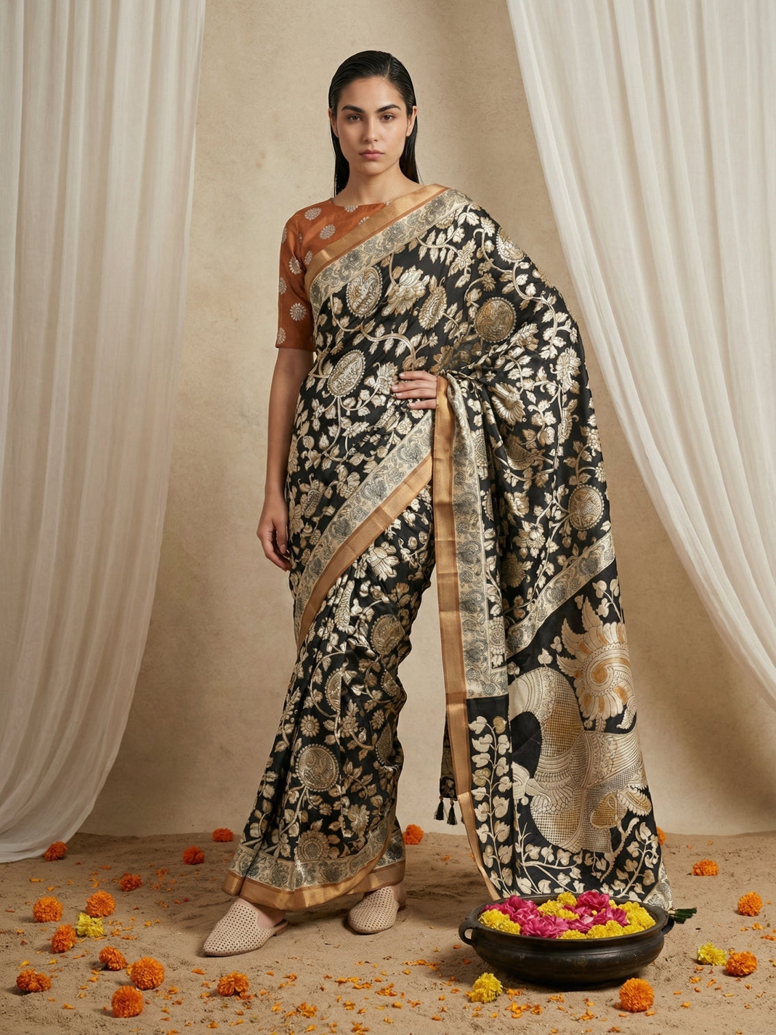 Tussar silk kalamkari saree with peacock printed pallu