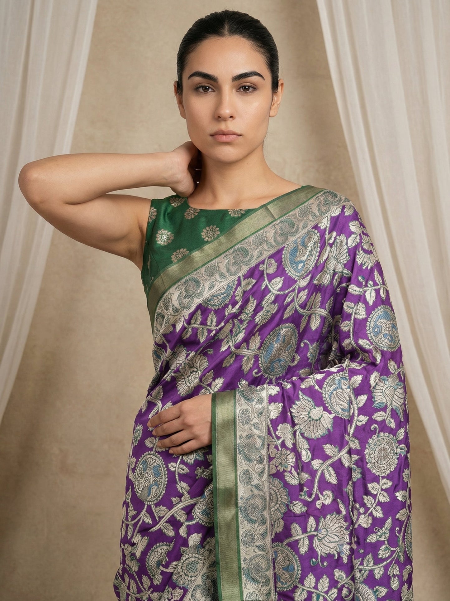 Leelawati Tussar Silk Kalamkari Printed Saree with Zari Border and Peacock Pallu