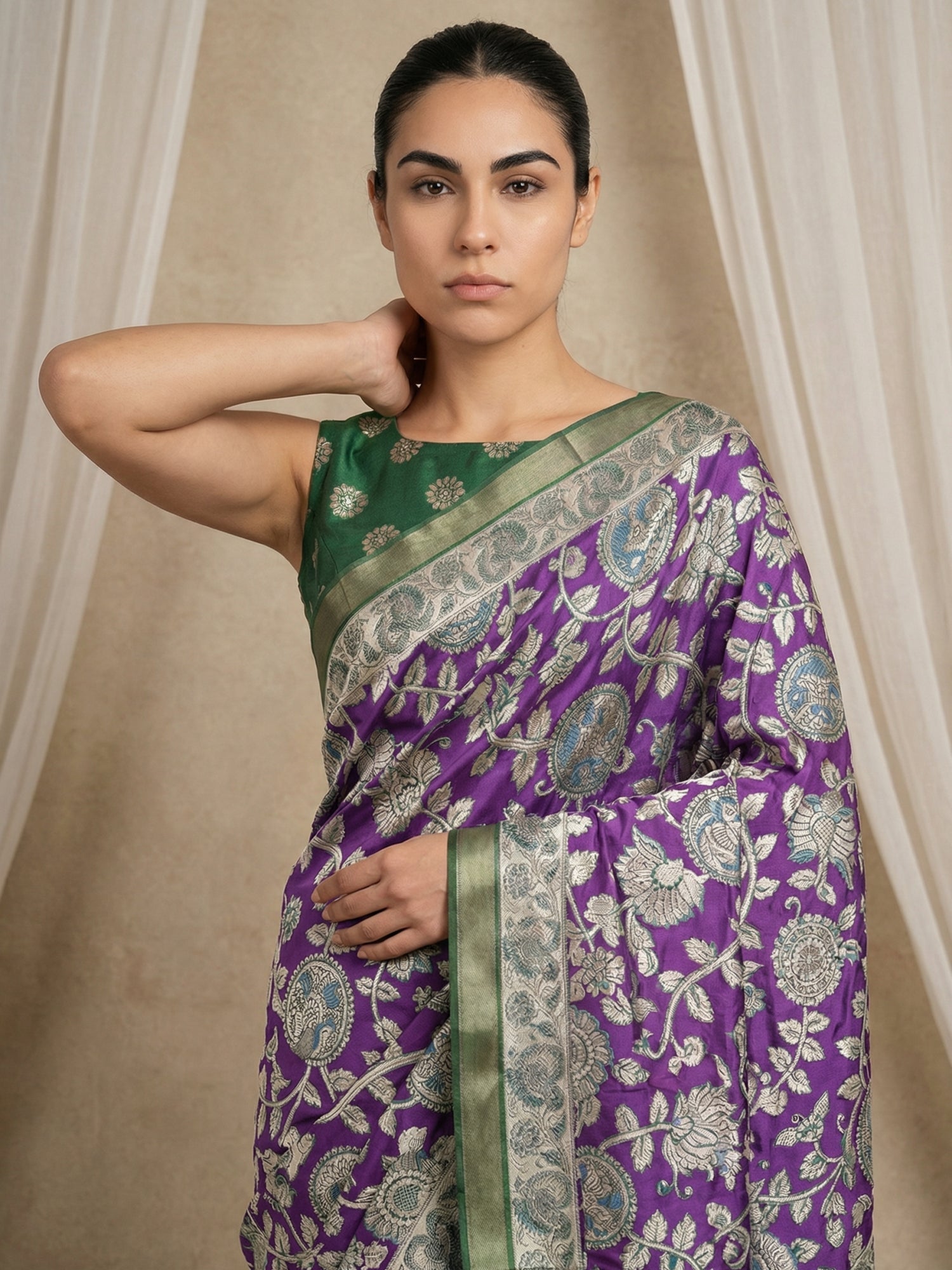 Leelawati Tussar Silk Kalamkari Printed Saree with Zari Border and Peacock Pallu