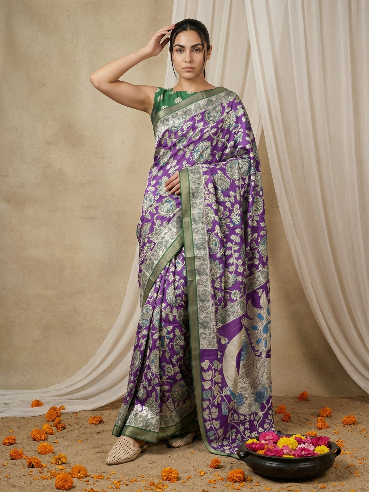 Leelawati Tussar Silk Kalamkari Printed Saree with Zari Border and Peacock Pallu