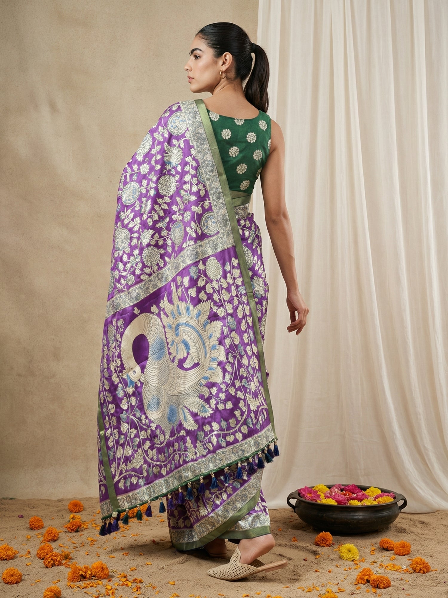Leelawati Tussar Silk Kalamkari Printed Saree with Zari Border and Peacock Pallu