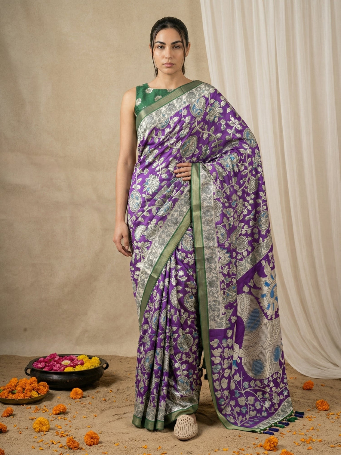 Traditional tussar silk saree with kalamkari print peacock pallu