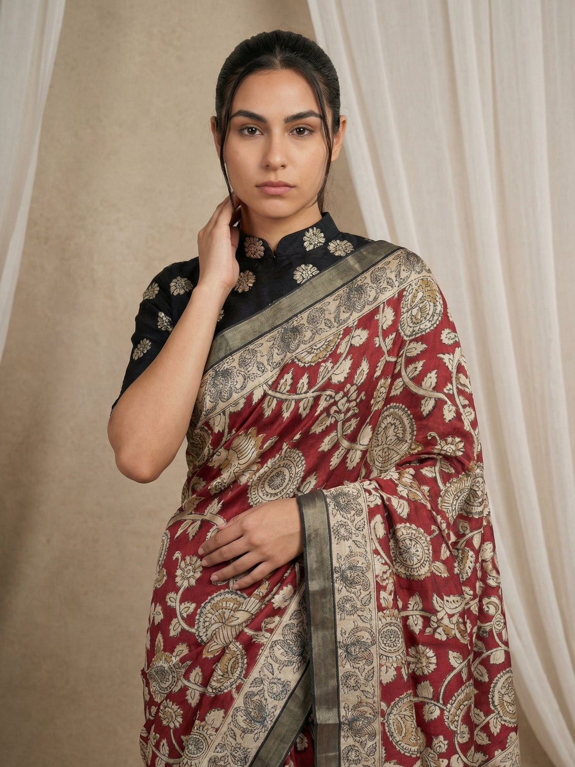 Classic tussar silk saree with kalamkari art peacock pallu