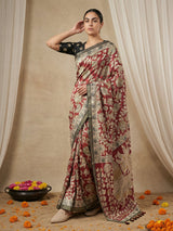 Leelawati Tussar Silk Kalamkari Printed Saree with Zari Border and Peacock Pallu
