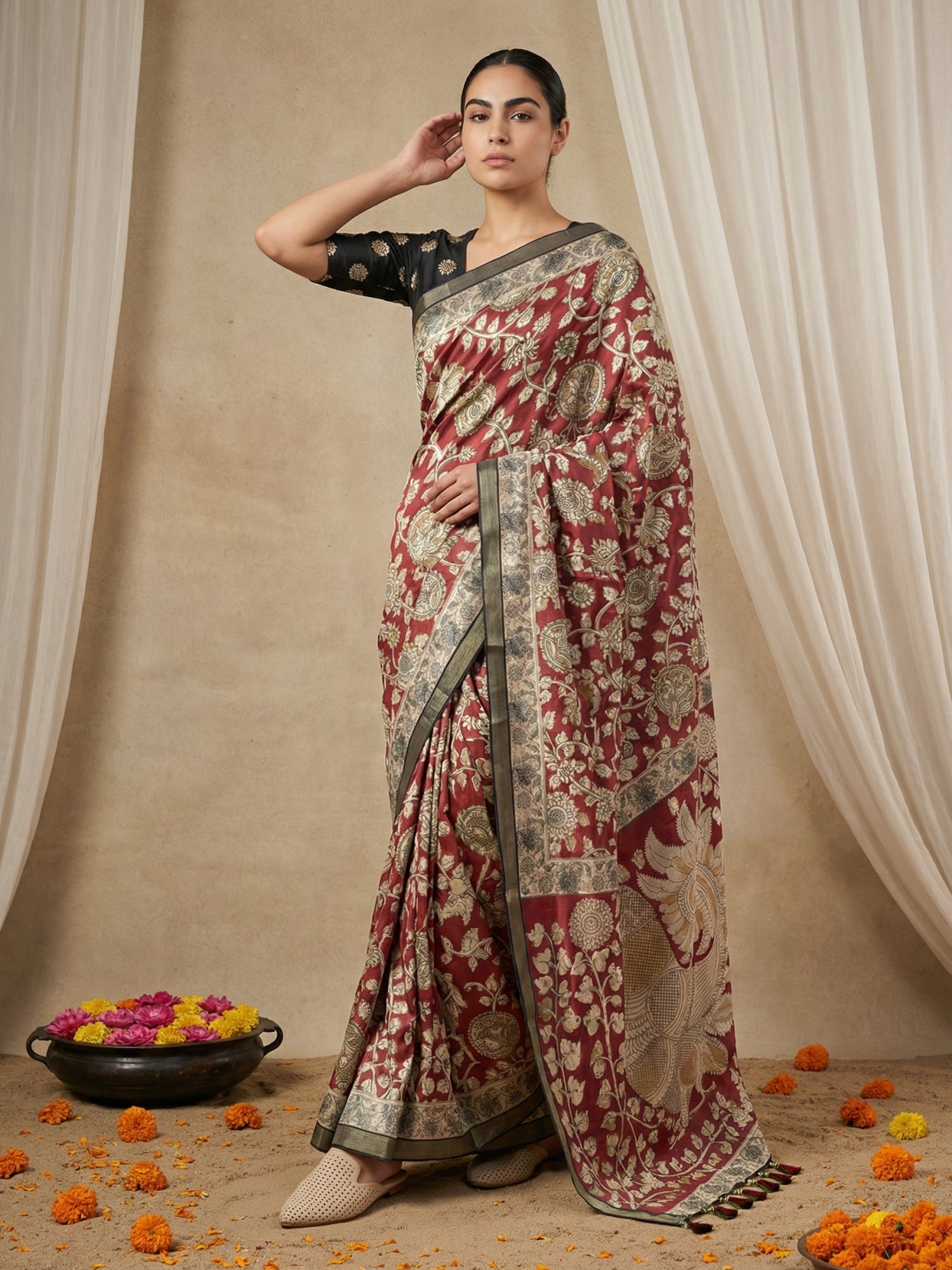 Leelawati Tussar Silk Kalamkari Printed Saree with Zari Border and Peacock Pallu