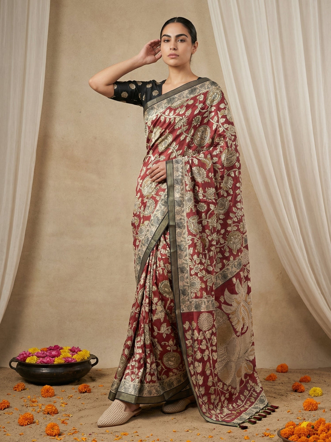 Classic tussar silk saree with kalamkari art peacock pallu