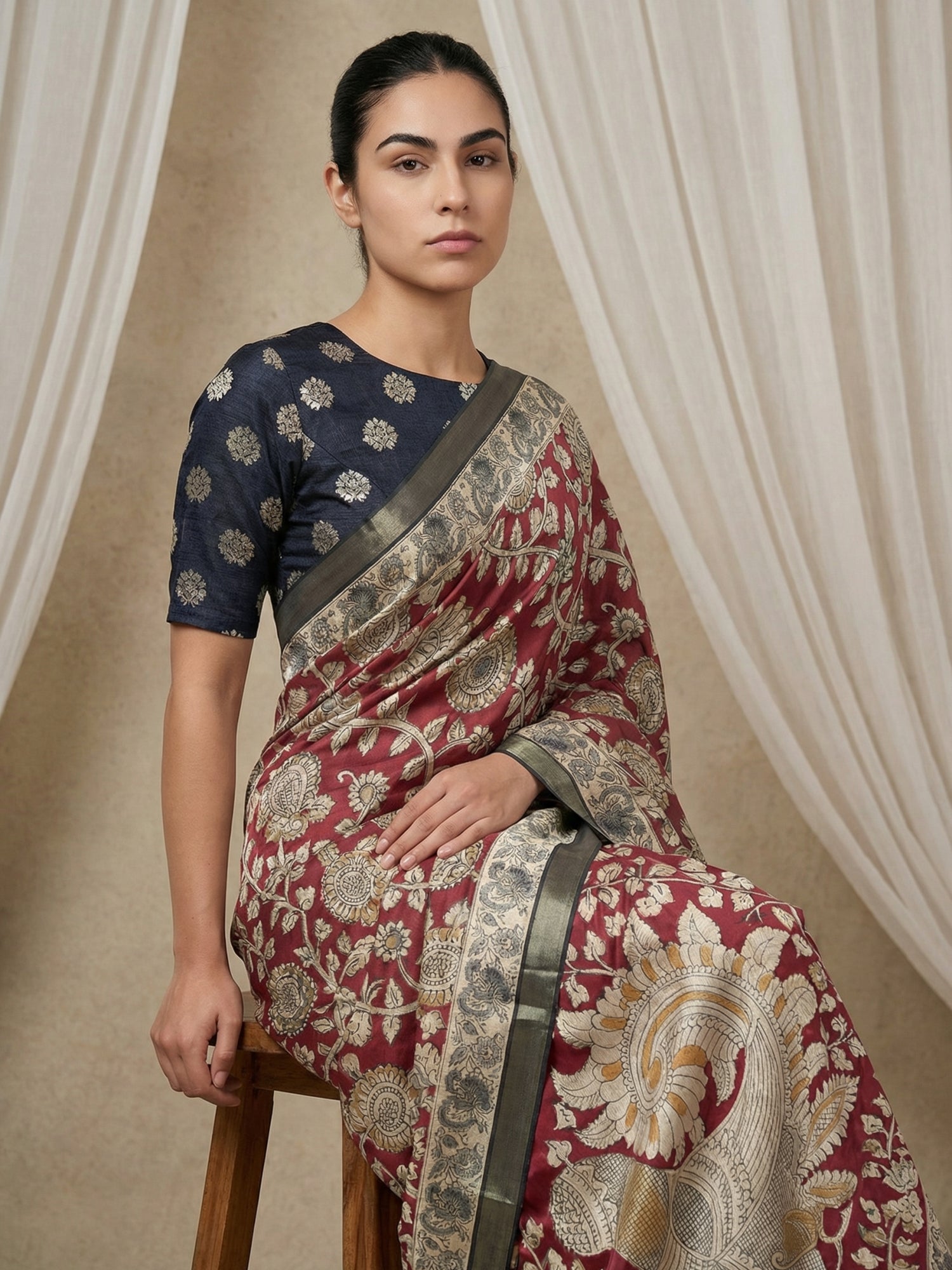 Leelawati Tussar Silk Kalamkari Printed Saree with Zari Border and Peacock Pallu