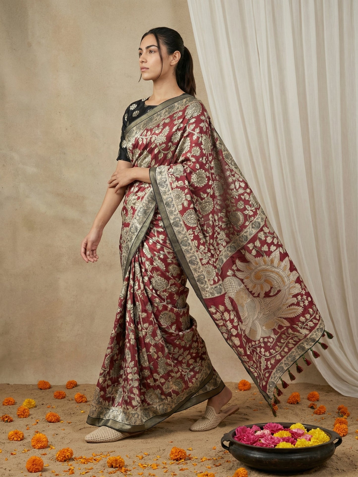 Leelawati Tussar Silk Kalamkari Printed Saree with Zari Border and Peacock Pallu