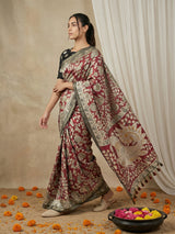 Leelawati Tussar Silk Kalamkari Printed Saree with Zari Border and Peacock Pallu
