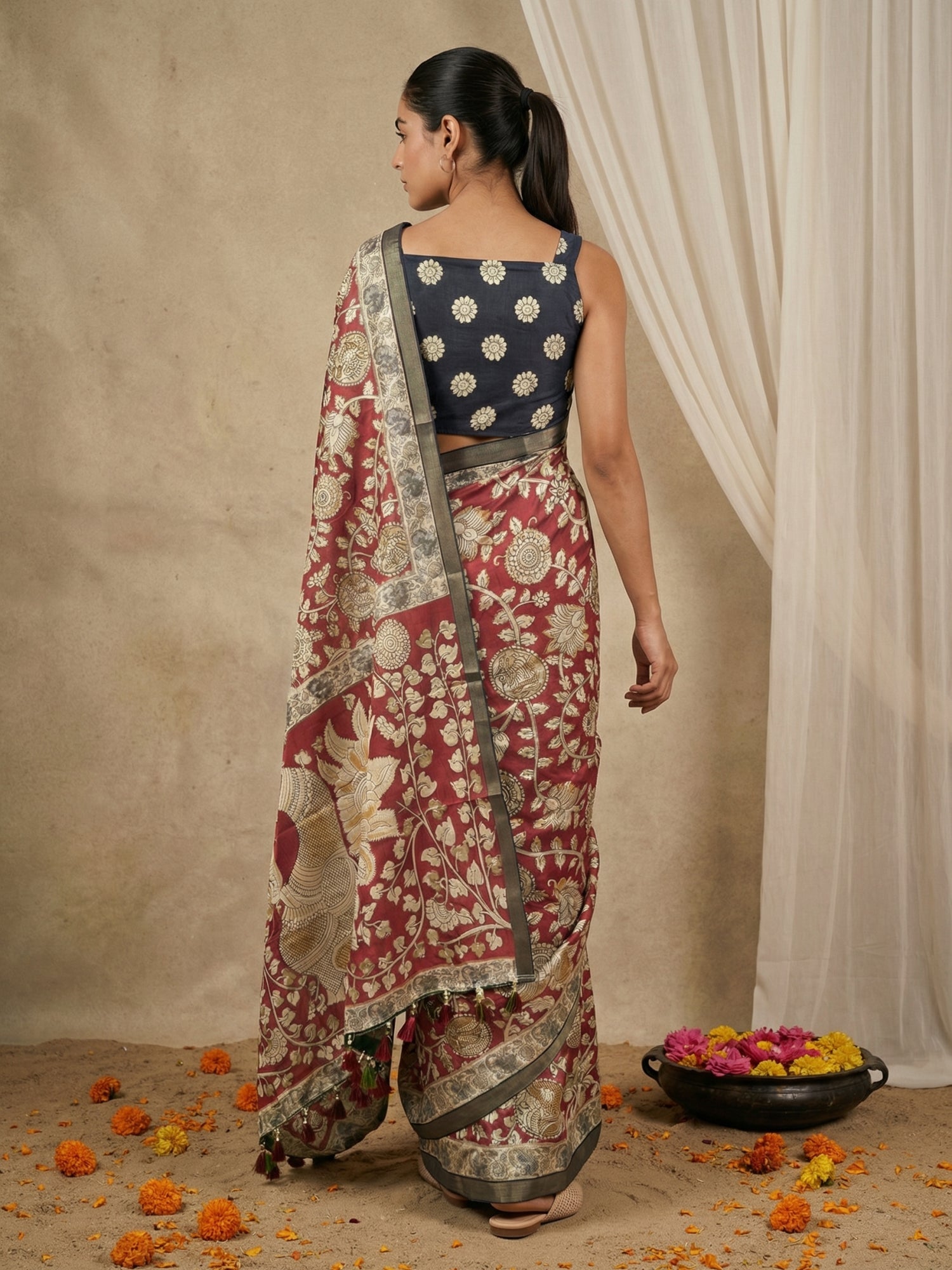Leelawati Tussar Silk Kalamkari Printed Saree with Zari Border and Peacock Pallu