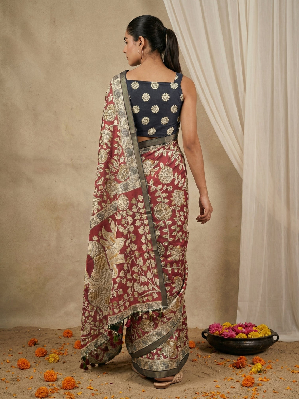 Classic tussar silk saree with kalamkari art peacock pallu