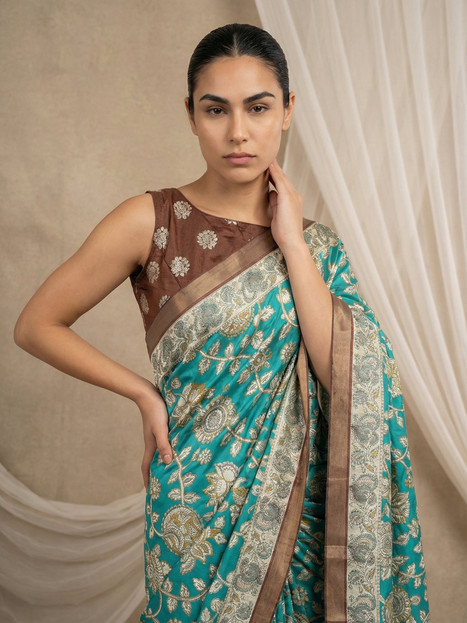 Leelawati Tussar Silk Kalamkari Printed Saree with Zari Border and Peacock Pallu