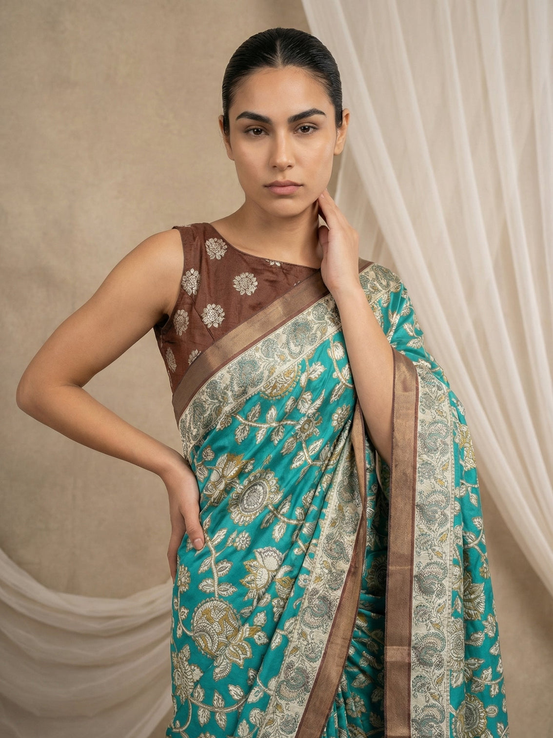 Elegant kalamkari tussar silk saree with zari border peacock pallu