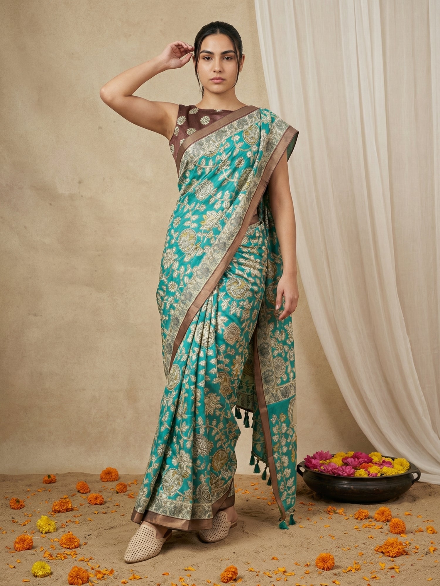Leelawati Tussar Silk Kalamkari Printed Saree with Zari Border and Peacock Pallu