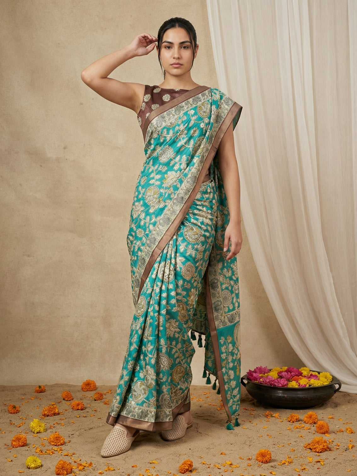 Elegant kalamkari tussar silk saree with zari border peacock pallu
