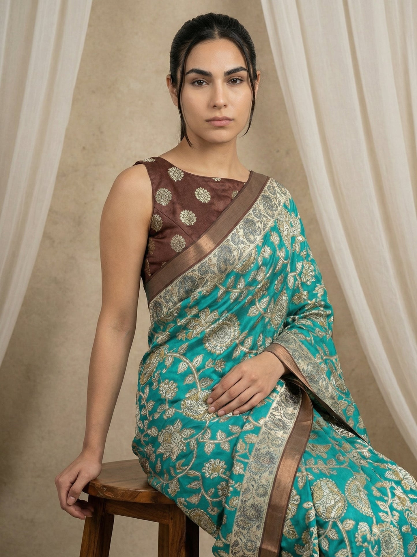 Leelawati Tussar Silk Kalamkari Printed Saree with Zari Border and Peacock Pallu