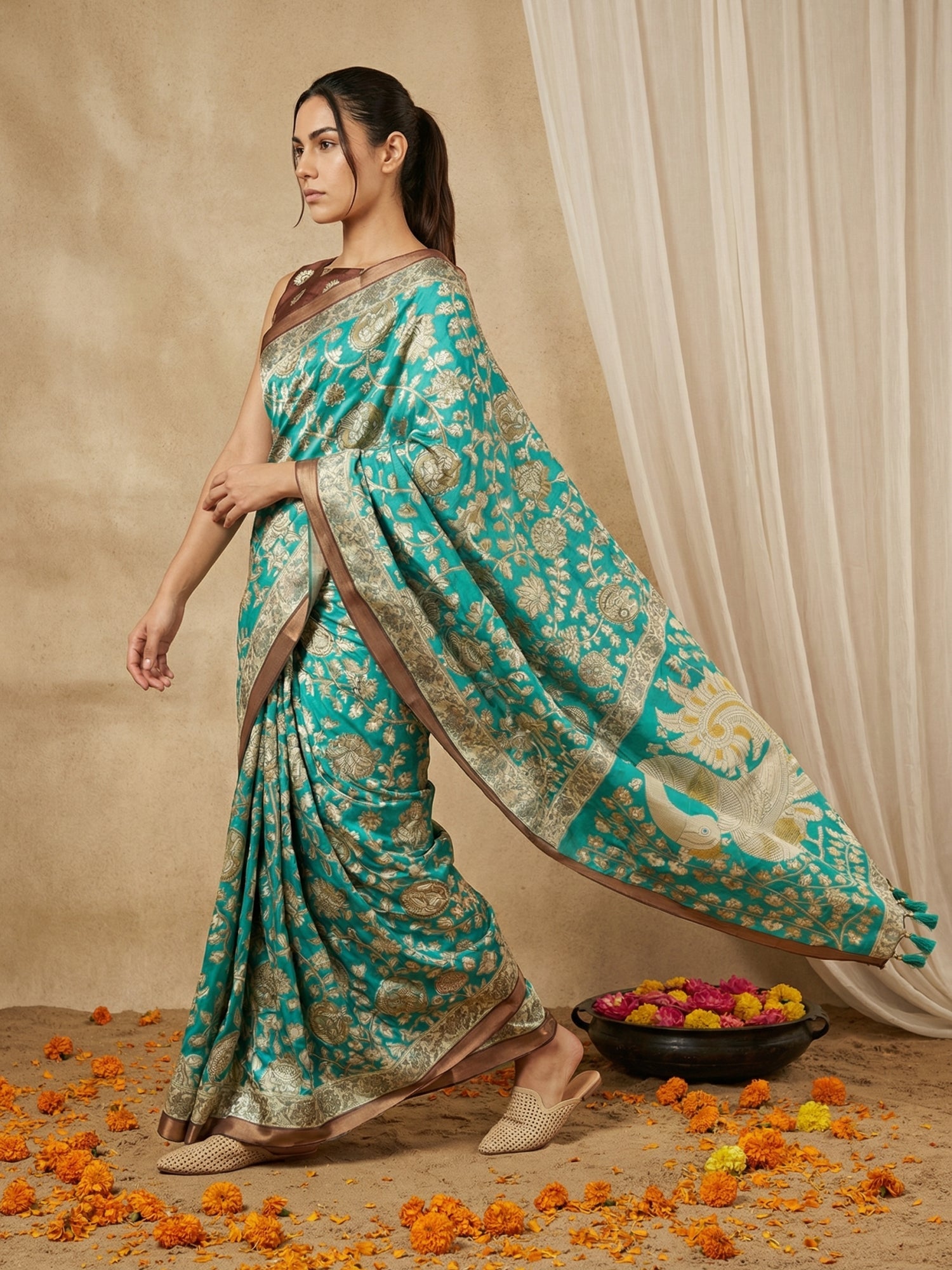 Leelawati Tussar Silk Kalamkari Printed Saree with Zari Border and Peacock Pallu