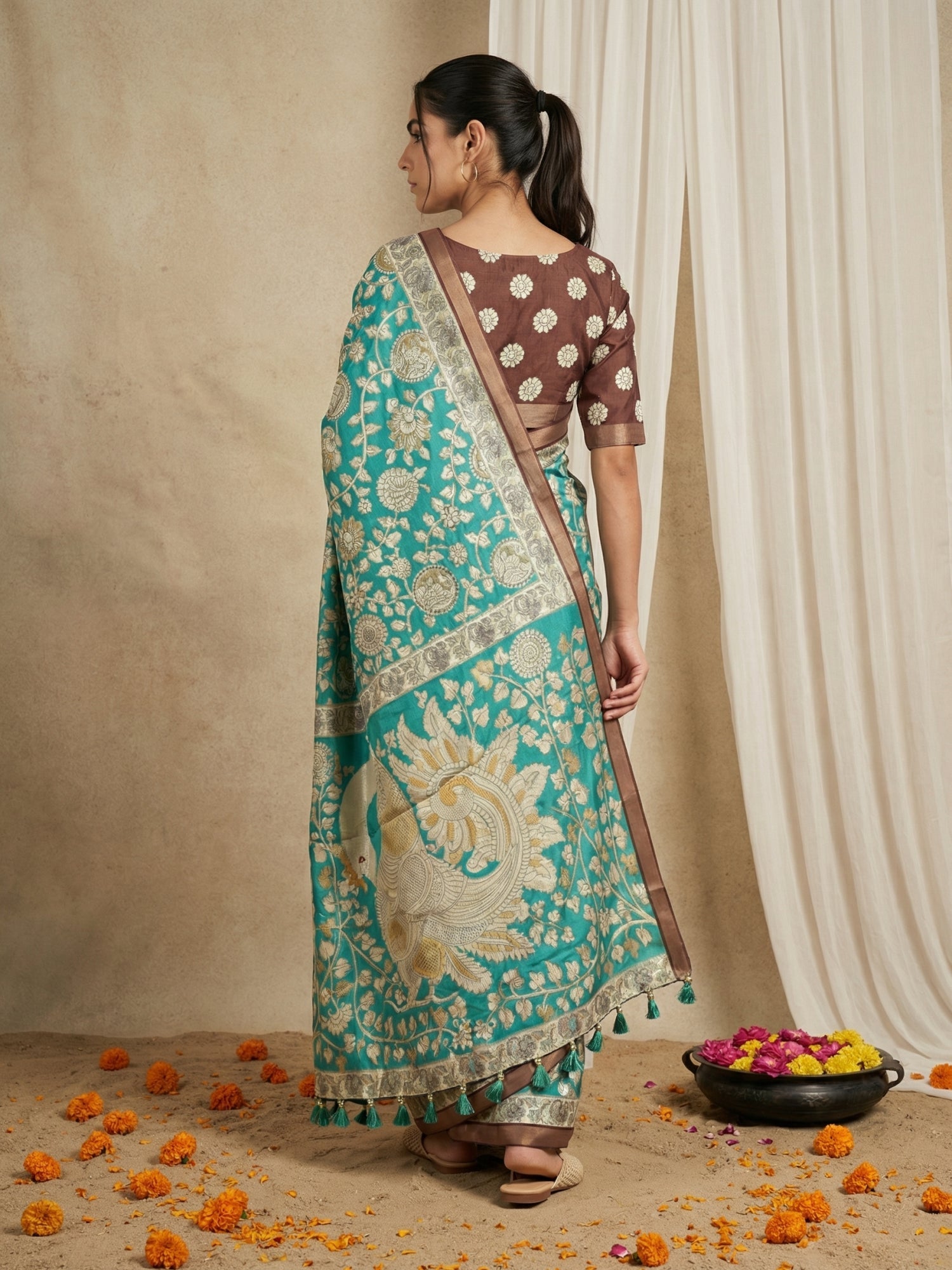 Leelawati Tussar Silk Kalamkari Printed Saree with Zari Border and Peacock Pallu