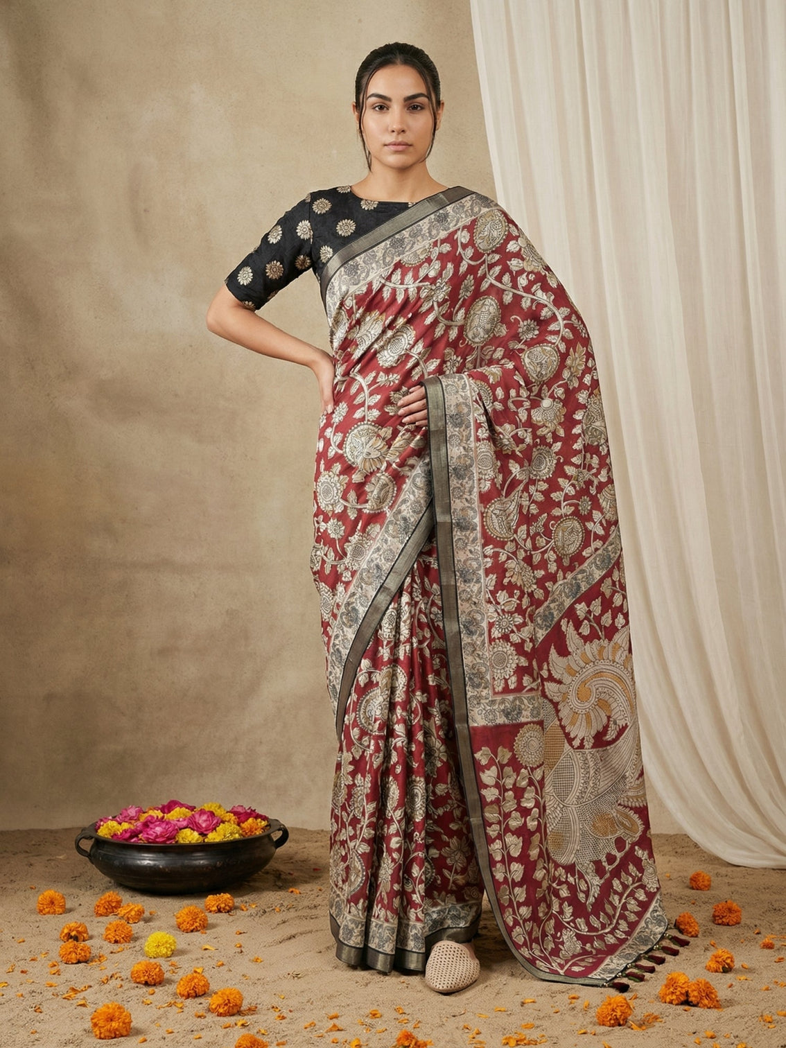 Classic tussar silk saree with kalamkari art peacock pallu