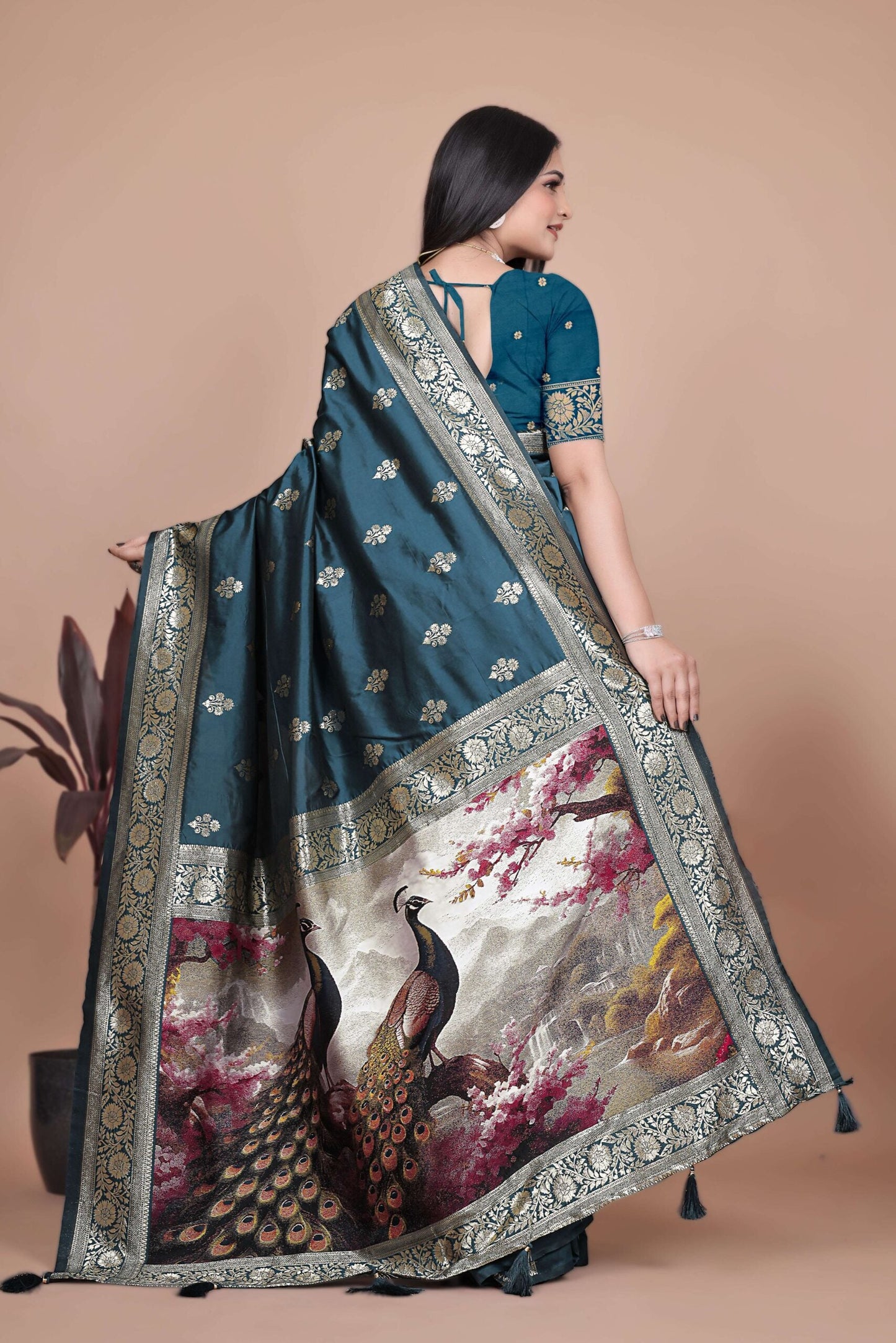 Teal Silk Saree with Banarasi