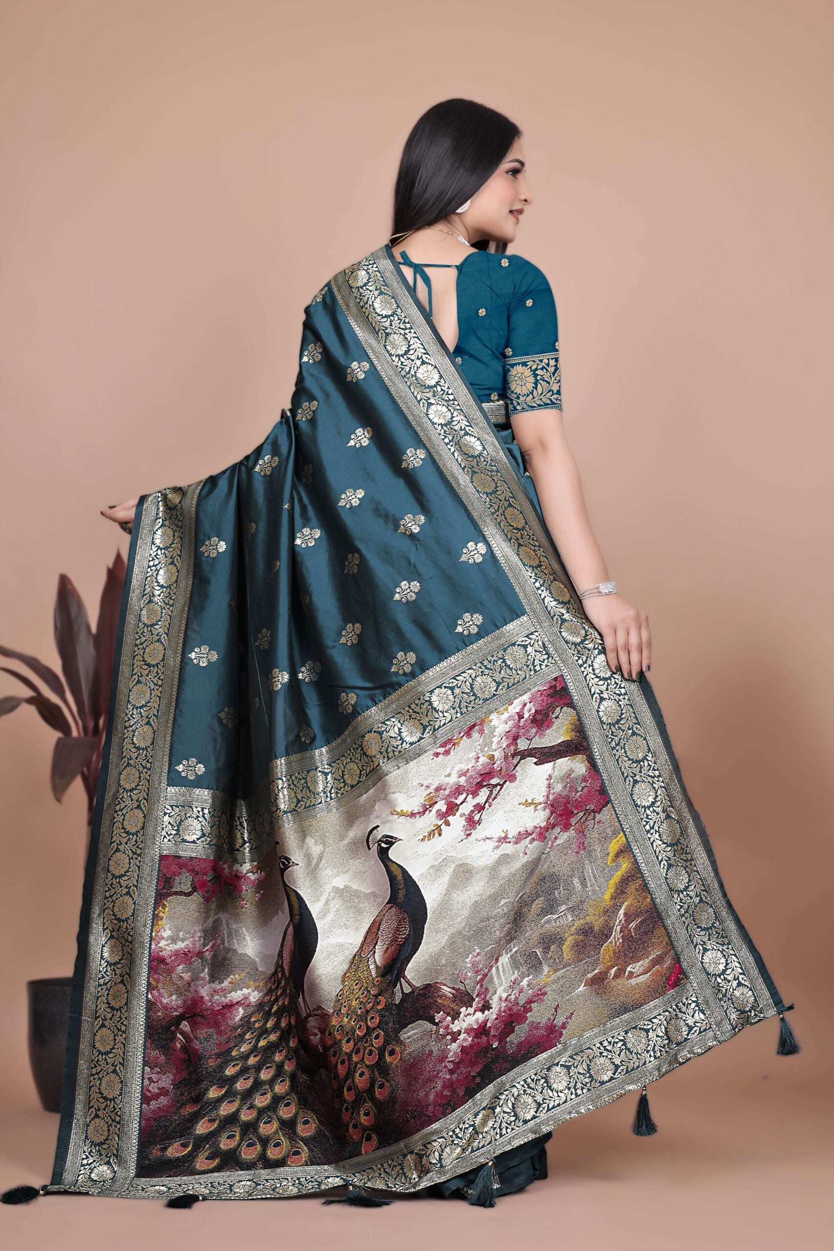 Teal Silk Saree with Banarasi