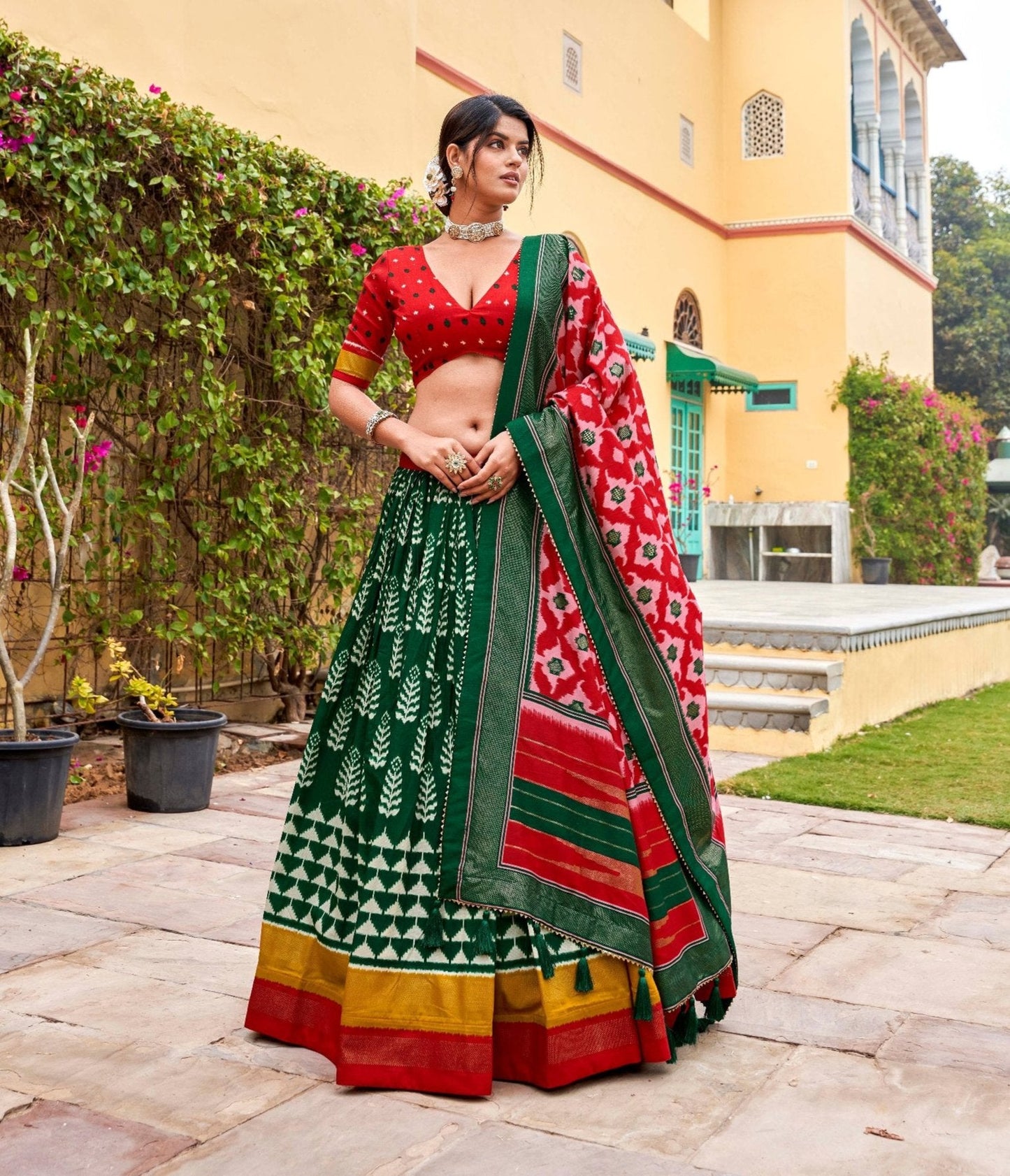 Impressive Green Tussar Silk Printed Lehenga Choli Set