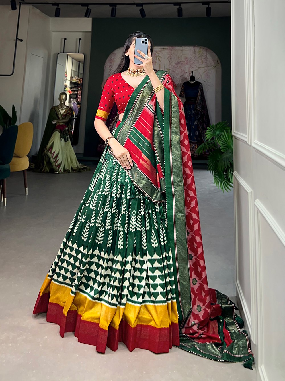 Impressive Green Tussar Silk Printed Lehenga Choli Set