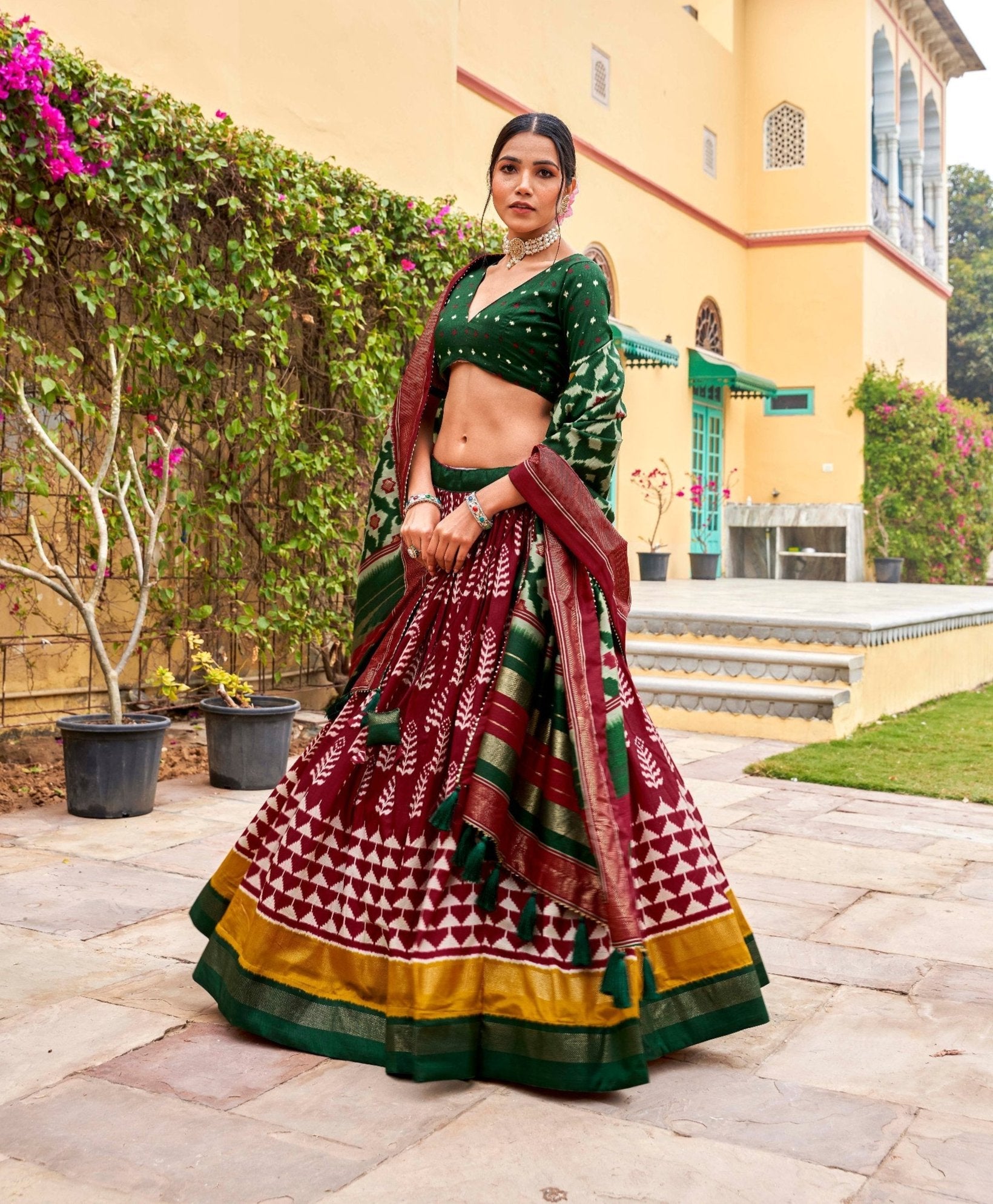 Pretty Maroon Tussar Silk Printed Foil Worked Lehenga Choli