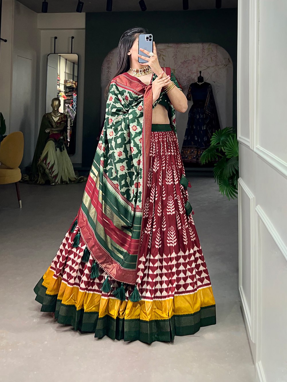 Pretty Maroon Tussar Silk Printed Foil Worked Lehenga Choli