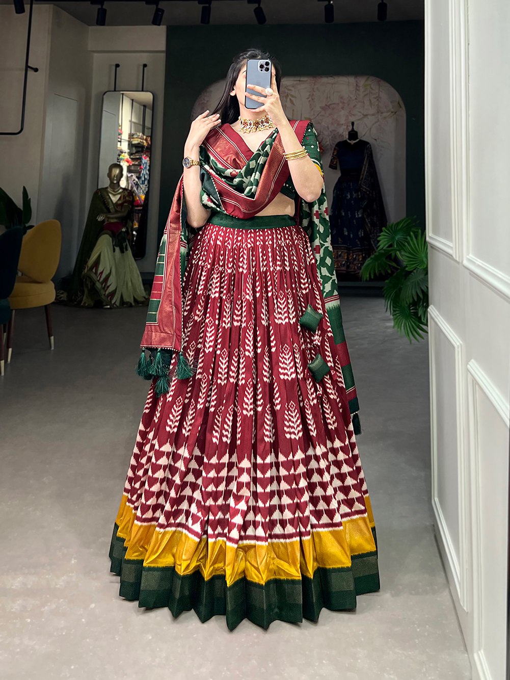 Pretty Maroon Tussar Silk Printed Foil Worked Lehenga Choli