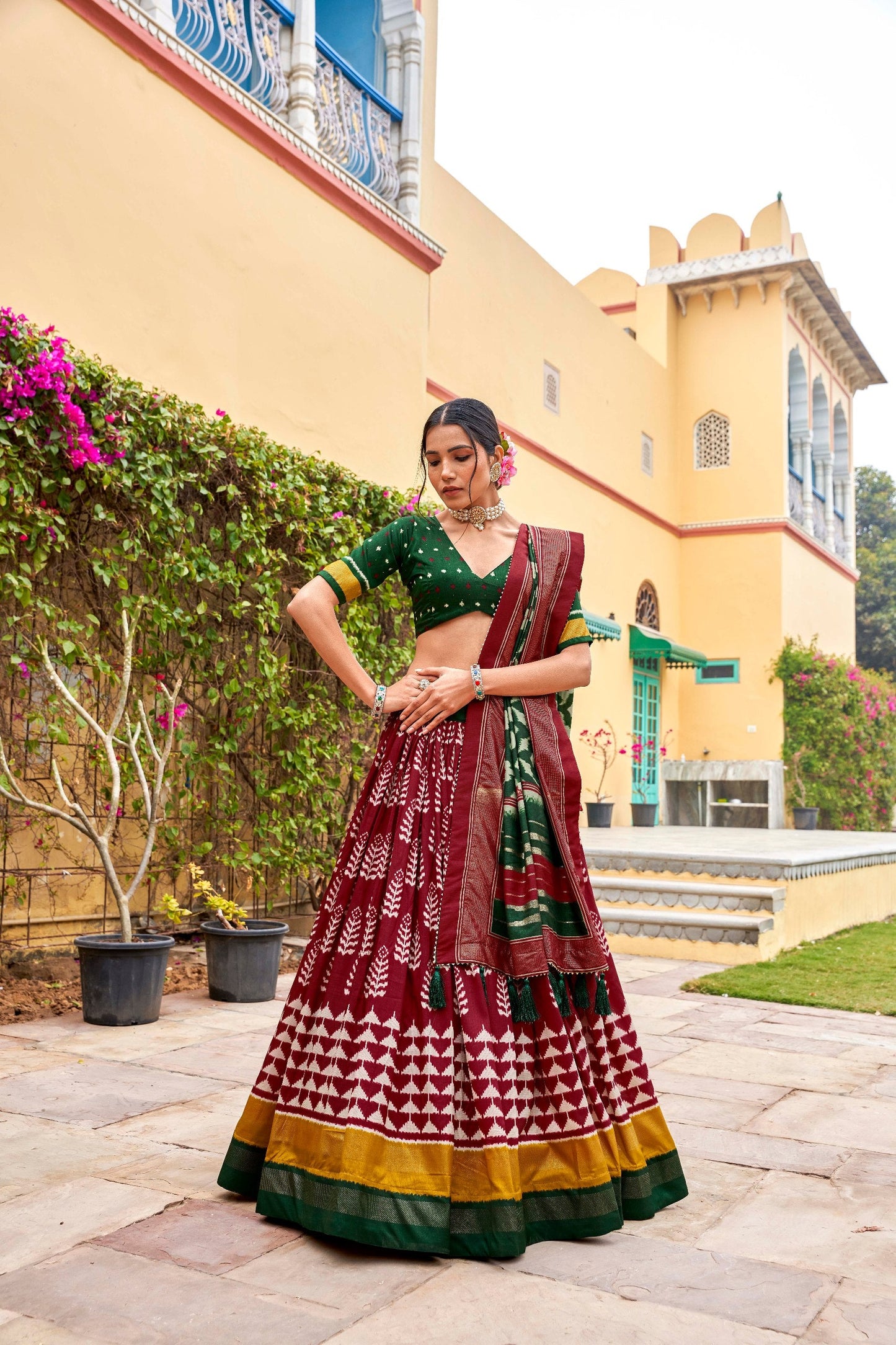 Pretty Maroon Tussar Silk Printed Foil Worked Lehenga Choli