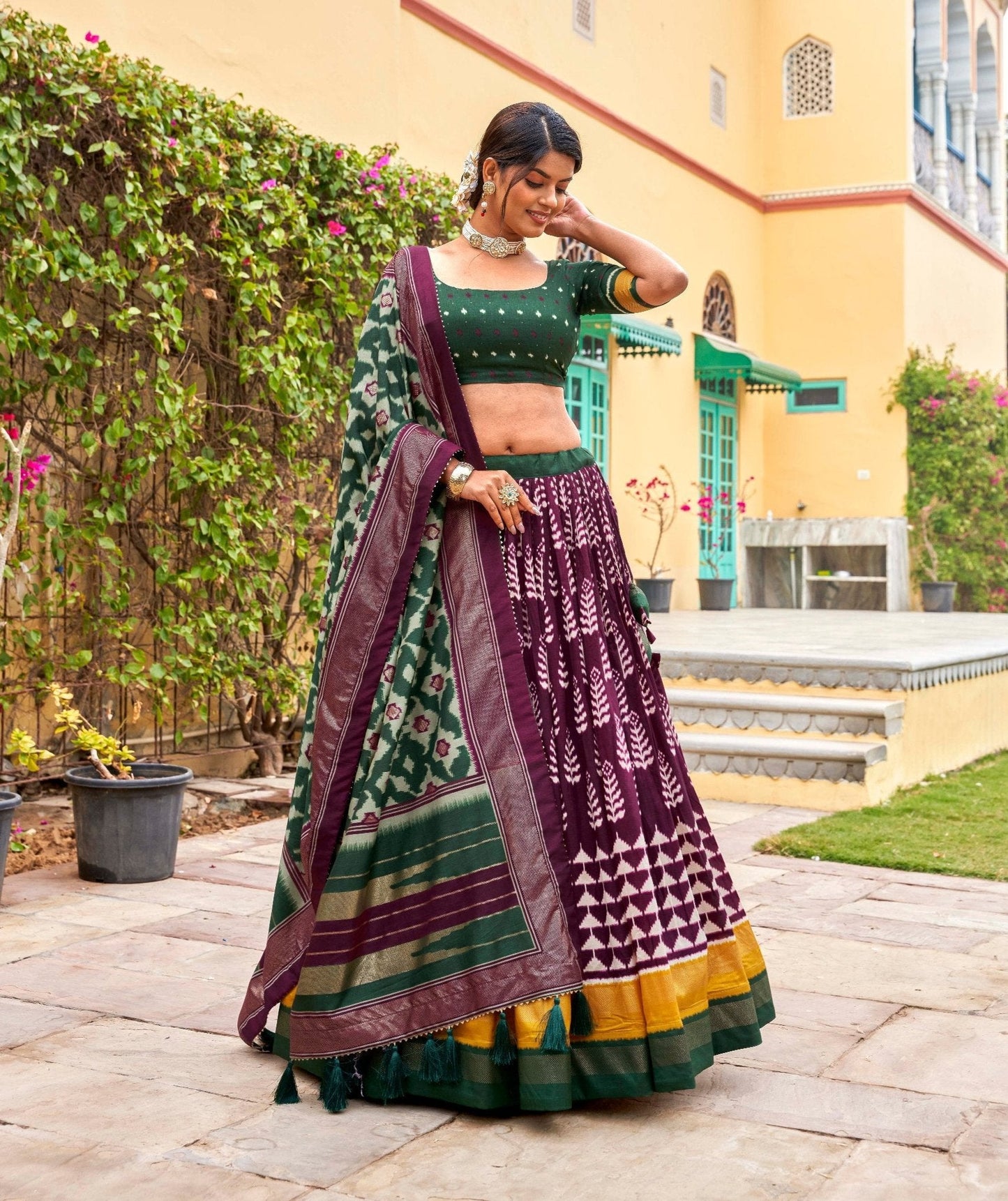 Wonderful Wine Tussar Silk Printed Foil Worked Lehenga Choli