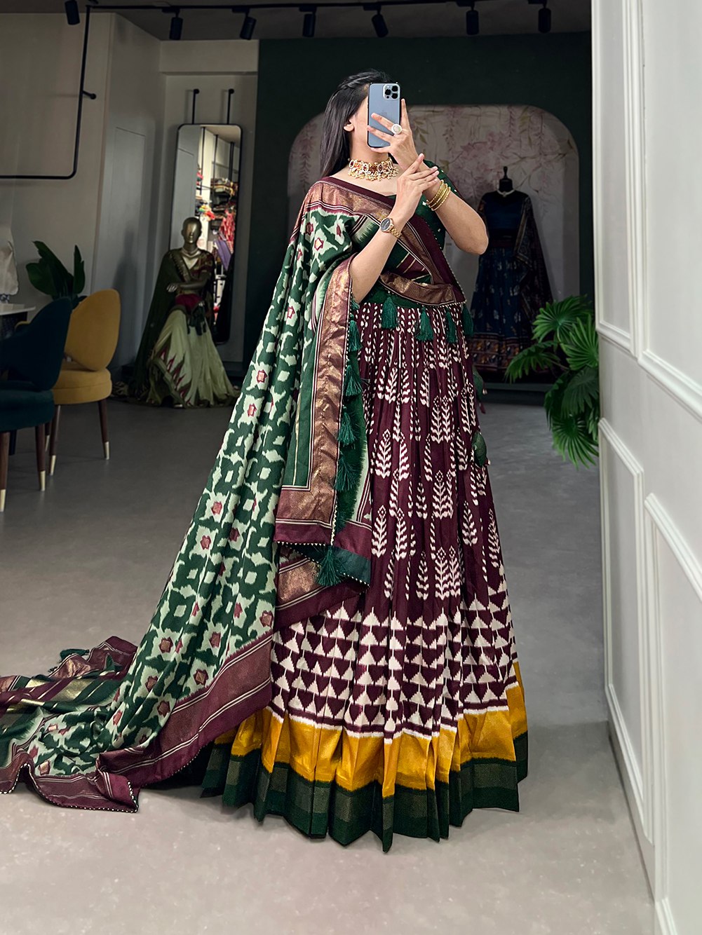 Wonderful Wine Tussar Silk Printed Foil Worked Lehenga Choli