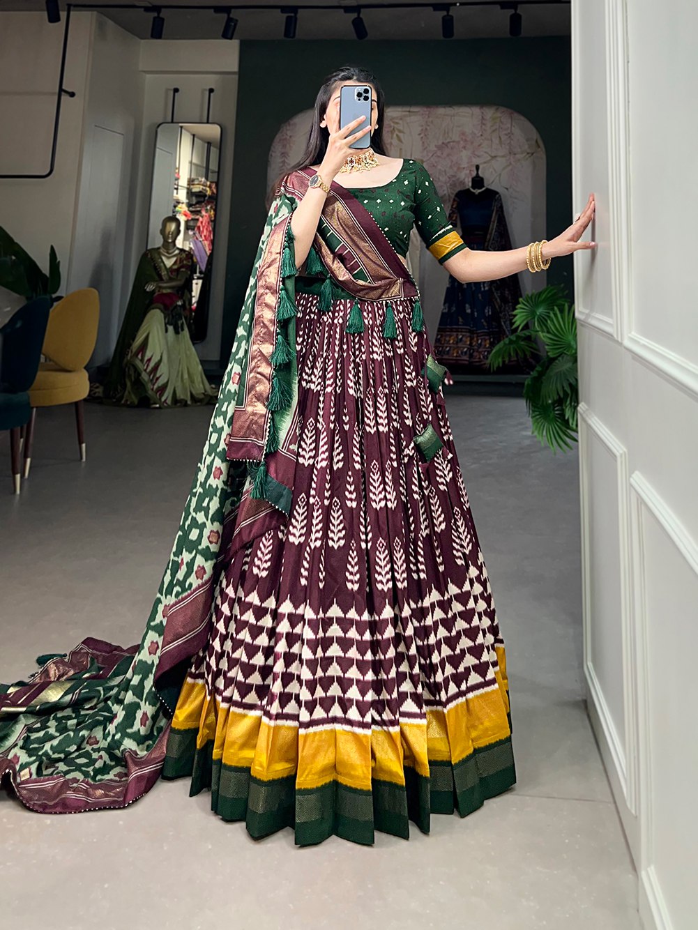 Wonderful Wine Tussar Silk Printed Foil Worked Lehenga Choli