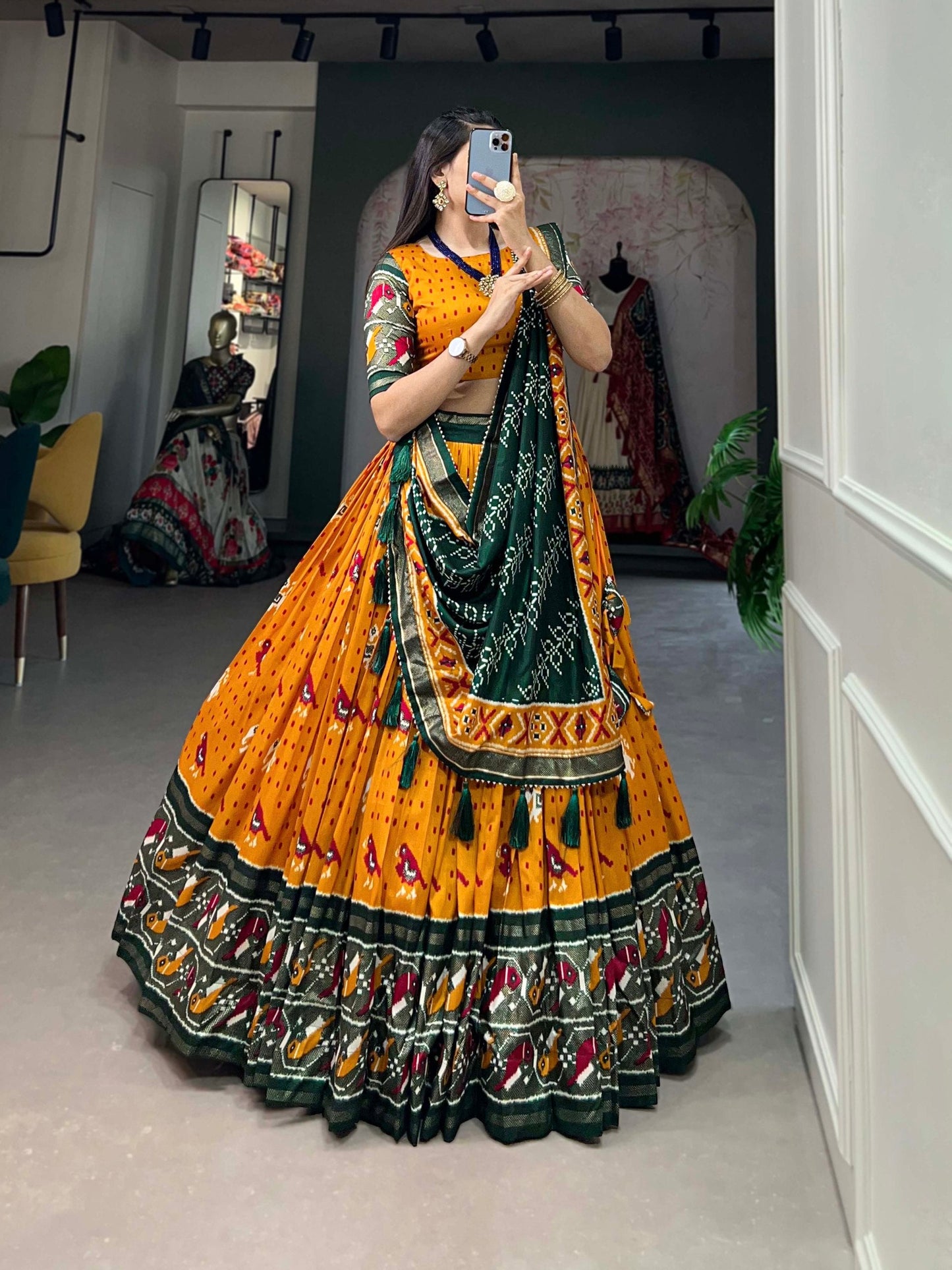 Mustard Colored Tussar Silk Patola Printed Festive Wear Lehenga Choli